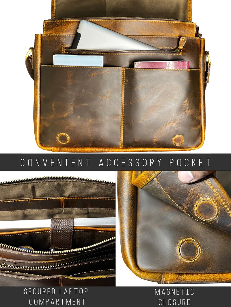 RUSTIC TOWN Leather Messenger Bag for Men Women - Full Grain Leather Laptop Satchel Office Shoulder Bag (16-Inch, Brown) - Image 3